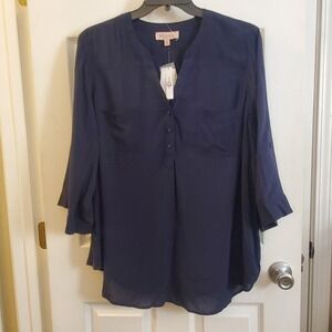 Philosophy Woman sz 2X navy blue rayon basic top 3/4 slv casual career everyday‎